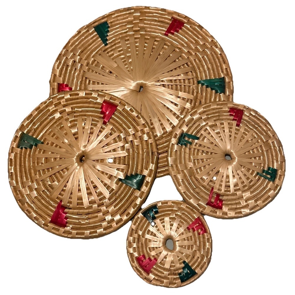 4 Straw Hot Pads Trivets Woven Red Green Pot Holder Kitchen Decor 11"9"7"5"